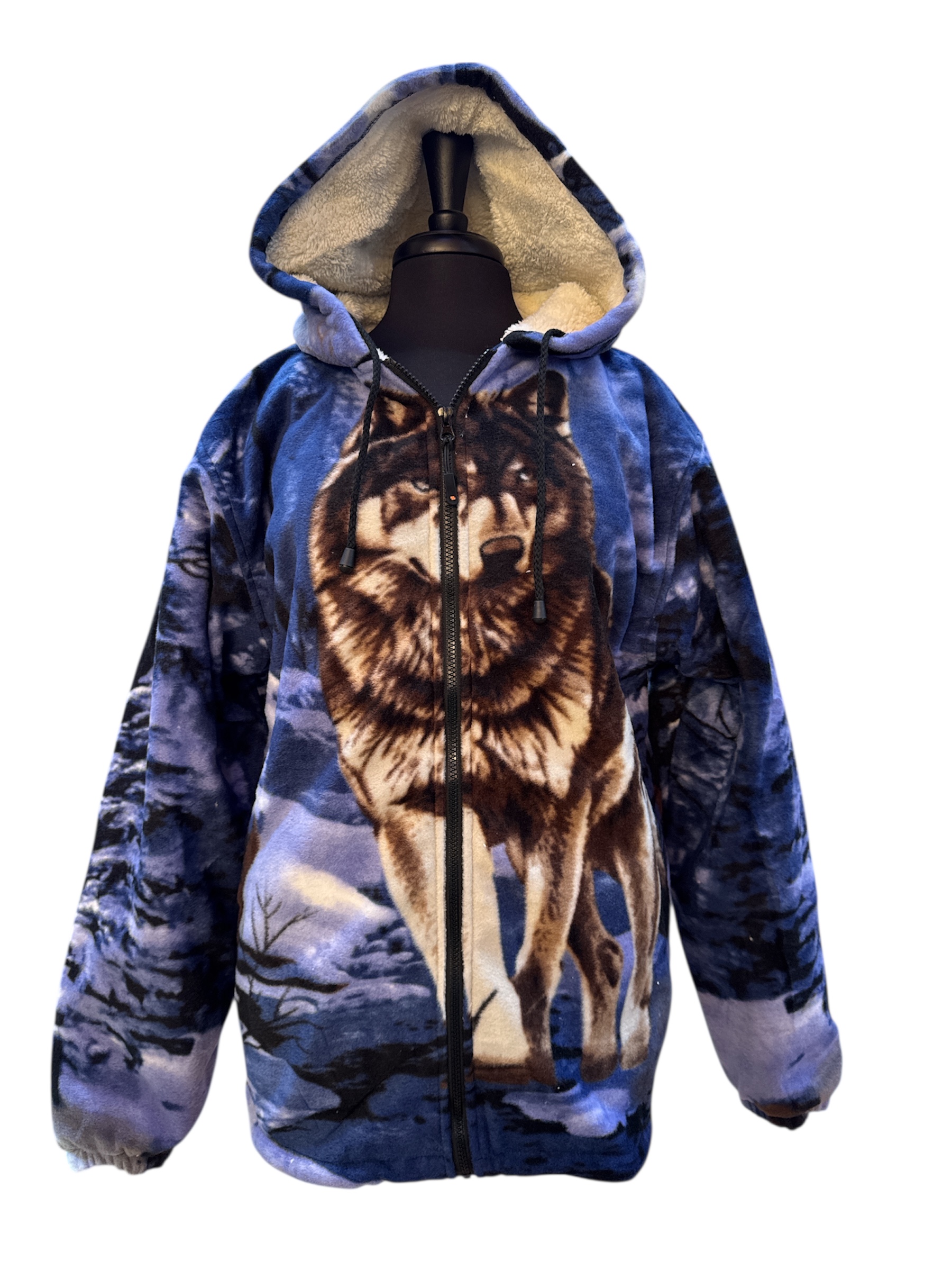 full zip plush sherpa w hood blue wolf